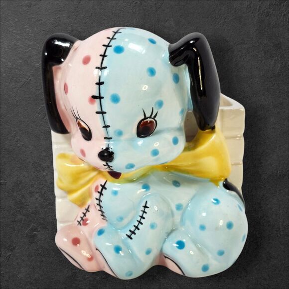 Vintage Napco K2222 Patchwork Puppy Planter Pink & Blue Ceramic Japan Transition - Picture 6 of 12